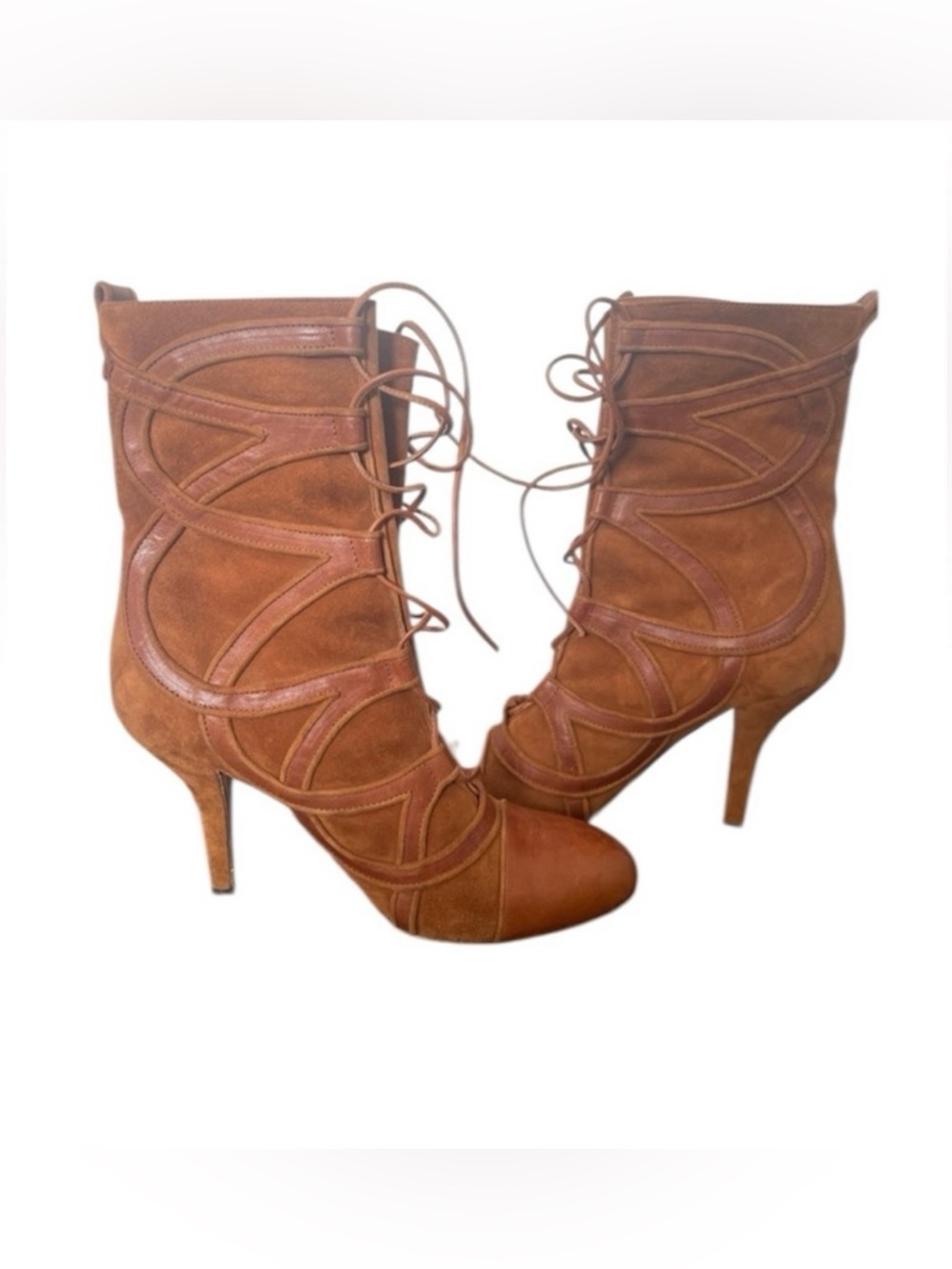 EMANUEL UNGARO Paris Cognac Suede & Leather Heeled Lace Up Boots EUR 39/US 8.5